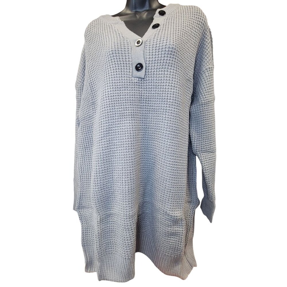 Sweater Dress  Soft Gray Knit Long Sleeve Buttons V-Neck Womens Size Large New